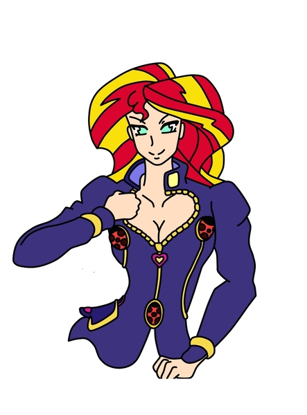 Size: 1234x1670 | Tagged: suggestive, artist:urusee584, derpibooru import, edit, sunset shimmer, human, equestria girls, breasts, busty sunset shimmer, cropped, female, giorno giovanna, humanized, jojo's bizarre adventure, le bizzarre avventure di giogio: vento aureo, simple background, solo, style emulation, vento aureo, white background