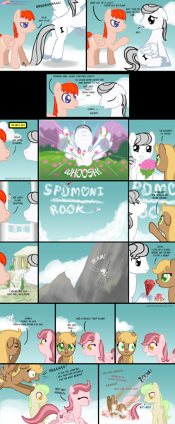 Size: 1000x2416 | Tagged: safe, artist:nimaru, derpibooru import, oc, oc:black cherry, oc:breakneck, oc:lime twist, oc:rook, oc:spumoni, unofficial characters only, pony, flower, gem, mountain, oc x oc, shipping, sky writing