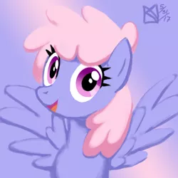 Size: 1500x1500 | Tagged: safe, artist:kelseyleah, derpibooru import, rainbowshine, pegasus, pony, bust, female, image, jpeg, looking at you, mare, open mouth, open smile, portrait, simple background, smiling, smiling at you, solo, spread wings, wings