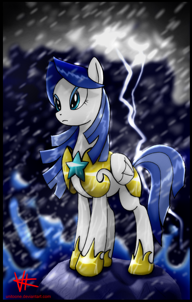 Size: 1608x2520 | Tagged: safe, artist:unitoone, derpibooru import, oc, oc:star light, unofficial characters only, pegasus, pony, armor, female, lightning, rain, solo, storm, wet, windswept mane