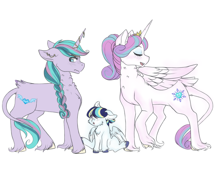 Size: 1024x834 | Tagged: safe, artist:uniquecolorchaos, derpibooru import, princess flurry heart, oc, oc:crystal starlight, oc:shimmering lance, alicorn, pony, unicorn, colt, female, foal, male, mare, offspring, parent:princess cadance, parent:shining armor, parents:shiningcadance, siblings, simple background, white background