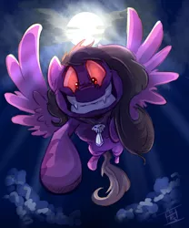 Size: 1000x1200 | Tagged: safe, artist:pimander1446, derpibooru import, oc, oc:tinuipy, unofficial characters only, pegasus, pony, cheshire grin, faic, moon, night, nightmare fuel, solo