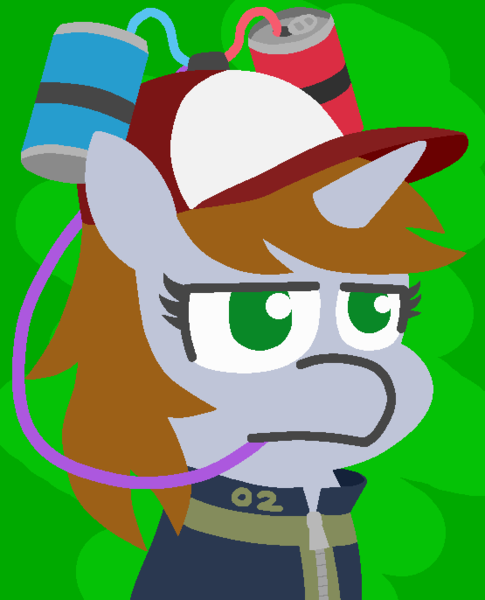 Size: 555x686 | Tagged: safe, artist:threetwotwo32232, derpibooru import, oc, oc:littlepip, unofficial characters only, pony, unicorn, fallout equestria, fanfic, abstract background, baseball cap, bust, cap, drinking hat, fallout, fanfic art, female, hat, horn, lineless, mare, portrait, solo, vault suit