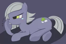 Size: 900x600 | Tagged: safe, artist:noupu, derpibooru import, limestone pie, pony, gray background, prone, simple background, solo