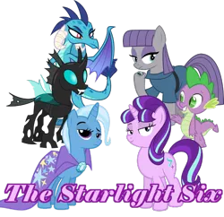 Size: 600x580 | Tagged: safe, artist:bluetech, artist:dashiesparkle, artist:diamondsword11, artist:slb94, artist:solusjbj, derpibooru import, maud pie, princess ember, spike, starlight glimmer, thorax, trixie, changeling, dragon, pony, unicorn, alternate mane six, female, mare, simple background, smiling, smirk, smug, transparent background, vector