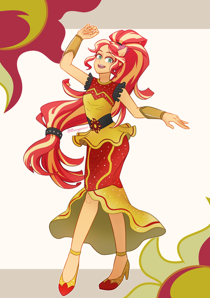 Size: 1024x1453 | Tagged: safe, artist:buryooooo, derpibooru import, sunset shimmer, dance magic, equestria girls, spoiler:eqg specials, beautiful, clothes, dancing, dress, looking at you, ponied up, pony ears, simple background, smiling, solo, sun, sunshine shimmer