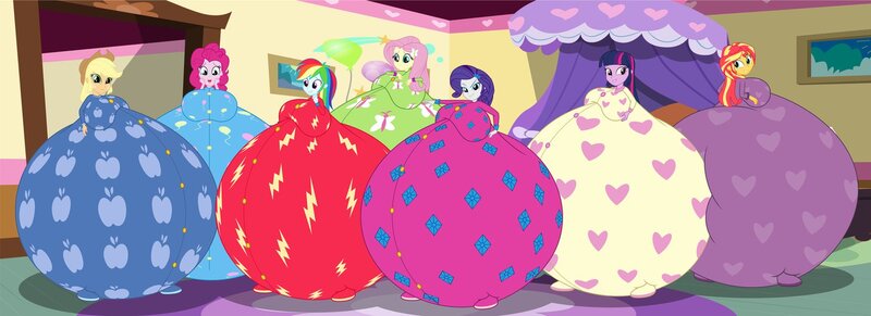 Size: 1482x539 | Tagged: questionable, artist:megatron-returns, artist:mintydrop2013, derpibooru import, applejack, fluttershy, pinkie pie, rainbow dash, rarity, sunset shimmer, twilight sparkle, human, equestria girls, applefat, ass, belly, big belly, big breasts, bloated, breasts, bunset shimmer, butt bump, butt to butt, butt touch, chubbity, clothes, fat, fattershy, huge belly, huge butt, humane five, humane seven, humane six, image, implied lesbian, implied shipping, implied sunsetsparkle, impossibly large belly, impossibly large butt, inflation, jpeg, large butt, looking at each other, looking back, mane six, megaton returns, morbidly obese, need to go on a diet, need to lose weight, obese, pajamas, piggy pie, pudgy pie, rainblob dash, raritubby, slobset shimmer, squishy, squishy butts, squishy plot, twilard sparkle, weight gain