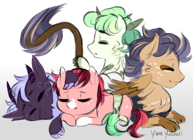 Size: 2731x1977 | Tagged: safe, artist:yumeyuuheii, derpibooru import, oc, oc:boomer, oc:candy hooves, oc:gabby, oc:jasette, oc:tracer, unofficial characters only, dracony, hippogriff, hybrid, pony, interspecies offspring, magical lesbian spawn, offspring, parent:apple bloom, parent:diamond tiara, parent:scootaloo, parent:spike, parent:sweetie belle, parents:diamondbloom, parents:gabbyloo, parents:spikebelle
