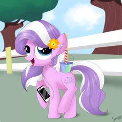 Size: 2000x2000 | Tagged: safe, artist:songbirdserenade, derpibooru import, diamond tiara, pony, earbuds, flower, flower in hair, high res, mobile phone, park, park background, phone, singing, skipping, smoothie, solo