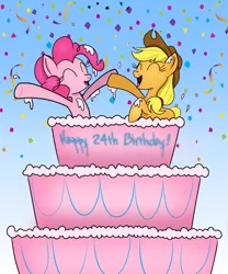 Size: 1000x1200 | Tagged: safe, artist:lennonblack, derpibooru import, applejack, pinkie pie, pony, cake, food, happy birthday, pop out cake