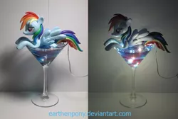 Size: 2000x1347 | Tagged: safe, artist:earthenpony, derpibooru import, rainbow dash, pony, alcohol, craft, cup, cup of pony, glass, irl, light, micro, photo, sculpture, solo, traditional art, vodka