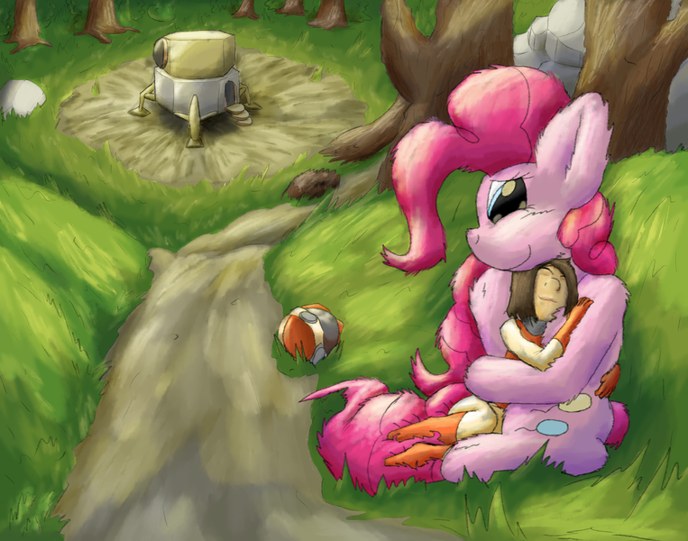 Size: 3583x2817 | Tagged: artist:firefanatic, cuddling, cute, derpibooru import, fluffy, forest, human, pinkie pie, safe, size difference, spaceship, spacesuit