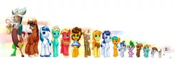 Size: 3523x1200 | Tagged: safe, artist:tsitra360, derpibooru import, big macintosh, braeburn, button mash, cheese sandwich, discord, pipsqueak, pound cake, rumble, seabreeze, shining armor, snails, snips, soarin', spike, trenderhoof, trouble shoes, zephyr breeze, breezie, draconequus, dragon, earth pony, pegasus, pony, unicorn, baby, baby pony, colored pupils, colt, group, height difference, looking at you, male, simple background, size difference, smiling, stallion, white background