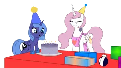 Size: 1920x1080 | Tagged: safe, artist:ardonsword, derpibooru import, princess celestia, princess luna, alicorn, pony, apron, birthday, birthday cake, blowing, cake, clothes, duo, eyes closed, female, filly, food, pink-mane celestia, present, royal sisters, simple background, smiling, transparent background, woona, younger