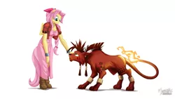 Size: 2133x1200 | Tagged: aerith gainsborough, anthro, artist:mysticalpha, clothes, creature, crossover, derpibooru import, duo, female, final fantasy, final fantasy vii, fluttershy, looking at each other, mare, pegasus, red xiii, safe, simple background, video game, white background