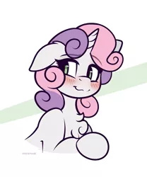 Size: 2500x3000 | Tagged: safe, artist:whitepone, derpibooru import, part of a set, sweetie belle, pony, unicorn, :3, blushing, bust, chest fluff, cute, diasweetes, floppy ears, fluffy, lidded eyes, looking back, portrait, smiling, solo