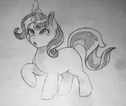 Size: 1280x1082 | Tagged: safe, artist:night-iris, derpibooru import, oc, unofficial characters only, pony, unicorn, blank flank, grayscale, magical lesbian spawn, monochrome, multiple parents, offspring, parent:starlight glimmer, parent:sunset shimmer, parent:trixie, parent:twilight sparkle, pencil drawing, solo, traditional art