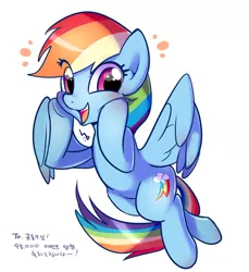 Size: 800x875 | Tagged: safe, artist:haden-2375, derpibooru import, rainbow dash, pony, backwards cutie mark, cute, dashabetes, korean, looking at you, simple background, smiling, solo, squishy cheeks, white background