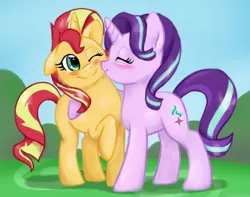 Size: 1454x1147 | Tagged: safe, artist:catlover1672, derpibooru import, starlight glimmer, sunset shimmer, pony, unicorn, equestria girls, mirror magic, spoiler:eqg specials, blushing, cute, female, glimmerbetes, kiss on the cheek, kissing, lesbian, shimmerbetes, shimmerglimmer, shipping