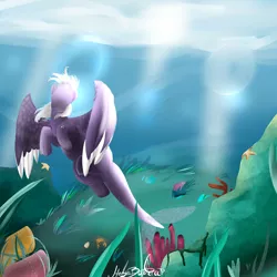 Size: 2700x2700 | Tagged: safe, artist:helgabuttercup, derpibooru import, oc, unofficial characters only, merpony, pony, commission, ocean, scenery, signature, solo, underwater, wings