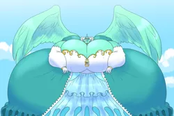 Size: 3000x2000 | Tagged: alicorn, alicornified, anthro, artist:anonymous, ascension, ascension enhancement, big breasts, breasts, busty lyra heartstrings, cleavage, clothes, derpibooru import, detached sleeves, dress, female, giantess, gown, horn, huge breasts, huge gown, impossibly large breasts, large wings, lyracorn, lyra heartstrings, macro, race swap, solo, suggestive, wings