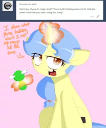 Size: 5000x6030 | Tagged: safe, artist:fullmetalpikmin, derpibooru import, oc, oc:viewing pleasure, unofficial characters only, pony, tumblr:ask viewing pleasure, absurd resolution, ask, magic, missing teeth, pink background, simple background, solo, tumblr