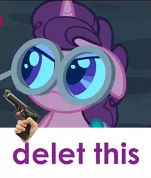 Size: 975x1146 | Tagged: safe, derpibooru import, edit, edited screencap, screencap, sugar belle, pony, unicorn, hard to say anything, angry, caption, cropped, delet this, female, floppy ears, glasses, gun, hand, image macro, magnifying glass, mare, meme, mouth hold, solo, special eyes, unamused, weapon