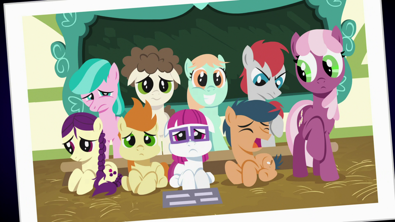 Size: 1920x1080 | Tagged: safe, derpibooru import, edit, edited screencap, screencap, aquamarine, boysenberry, cheerilee, first base, gallop j. fry, little red, peach fuzz, super funk, train tracks (character), pony, a flurry of emotions, chalkboard, photo, ponyville schoolhouse, school