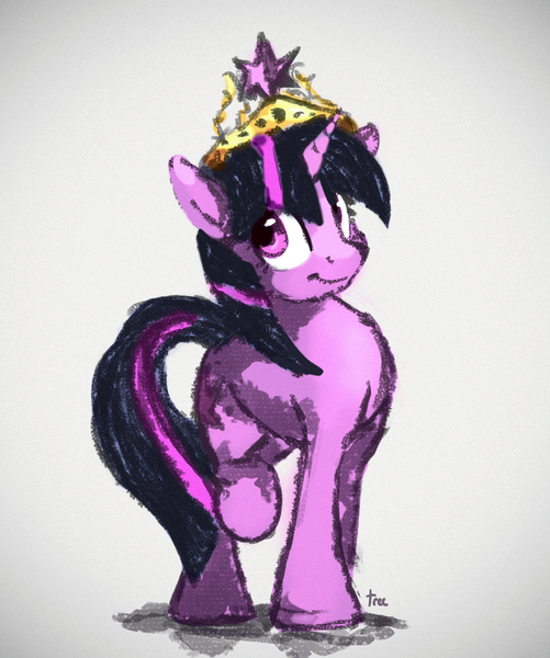 Size: 1618x1939 | Tagged: safe, artist:thefloatingtree, derpibooru import, twilight sparkle, pony, unicorn, big crown thingy, colored sketch, element of magic, female, gray background, jewelry, mare, raised leg, regalia, simple background, smiling, solo, unicorn twilight