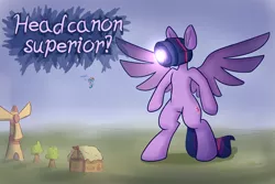 Size: 1280x853 | Tagged: safe, artist:heir-of-rick, derpibooru import, rainbow dash, twilight sparkle, twilight sparkle (alicorn), alicorn, pegasus, pony, bipedal, dialogue, giant pony, headcannon, headcanon, macro, pun, spread wings, visual pun, wat, windmill, wings