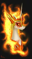 Size: 1050x1920 | Tagged: safe, artist:astralmelodia, deleted from derpibooru, derpibooru import, daybreaker, alicorn, pony, a royal problem, black background, bust, female, fire, mane of fire, mare, portrait, signature, simple background, solo