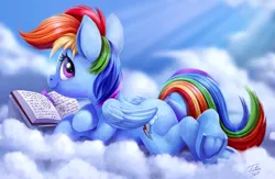 Size: 2000x1306 | Tagged: safe, artist:tsitra360, derpibooru import, daring do, rainbow dash, pegasus, pony, alicorn amulet, book, bookmark, cloud, crepuscular rays, crossed legs, cute, dashabetes, dock, egghead, female, fluffy, frog (hoof), implied twilight sparkle, mare, plot, prone, reading rainboom, signature, solo, underhoof