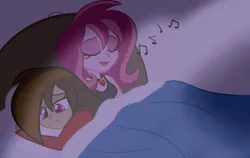 Size: 1024x647 | Tagged: safe, artist:wubcakeva, derpibooru import, oc, oc:contralto, oc:cupcake slash, unofficial characters only, equestria girls, bed, blanket, clothes, cute, disguised siren, equestria girls-ified, female, lesbian, lullaby, pillow, sleeping