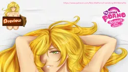 Size: 1812x1016 | Tagged: advertisement, applejack, arm behind head, artist:wild stallions, breasts, busty applejack, chibi, derpibooru import, female, hair over one eye, human, humanized, implied applecest, implied incest, implied nudity, implied shipping, looking at you, my little porno: friendship with benefits, nudity, patreon, patreon logo, pinup, preview, series:sleepless nights in ponyville, solo, solo female, suggestive