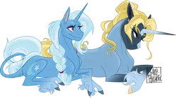 Size: 1500x834 | Tagged: safe, artist:legally-psychotic, derpibooru import, trixie, oc, oc:masquerade, classical unicorn, pony, unicorn, cloven hooves, female, leonine tail, male, mare, mother and son, offspring, parent:prince blueblood, parent:trixie, parents:bluetrix, prone, simple background, stallion, transparent background, unshorn fetlocks
