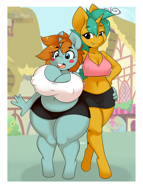 Size: 1280x1670 | Tagged: questionable, artist:kloudmutt, derpibooru import, snails, snips, anthro, unguligrade anthro, unicorn, belly button, big breasts, blush sticker, blushing, breast grab, breasts, busty spice, busty sugar, chubby, cleavage, clothes, duo, duo female, erect nipples, female, grope, huge breasts, midriff, nipple outline, nipple pinch, open mouth, rule 63, spice, sugar, wide hips