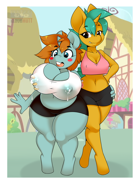 Size: 1280x1670 | Tagged: questionable, artist:kloudmutt, derpibooru import, snails, snips, anthro, unguligrade anthro, unicorn, belly button, big breasts, blush sticker, blushing, breast grab, breast milk, breasts, busty spice, busty sugar, chubby, cleavage, clothes, duo, duo female, erect nipples, female, grope, huge breasts, lactation, midriff, nipple outline, nipples, nudity, open mouth, rule 63, spice, sugar, wide hips