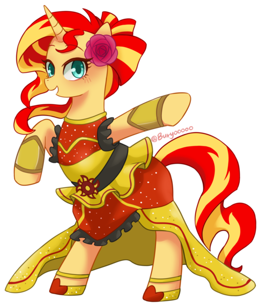 Size: 900x1059 | Tagged: safe, artist:buryooooo, derpibooru import, sunset shimmer, pony, unicorn, dance magic, equestria girls, spoiler:eqg specials, clothes, cute, dress, female, mare, shimmerbetes, smiling, solo