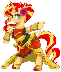 Size: 900x1059 | Tagged: safe, artist:buryooooo, derpibooru import, sunset shimmer, pony, unicorn, dance magic, equestria girls, spoiler:eqg specials, clothes, cute, dress, female, mare, shimmerbetes, smiling, solo