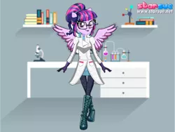 Size: 800x600 | Tagged: safe, artist:user15432, derpibooru import, sci-twi, twilight sparkle, twilight sparkle (alicorn), human, equestria girls, friendship games, clothes, glasses, humanized, lab coat, pegasus wings, ponied up, pony ears, scitwilicorn, solo, starsue, winged humanization, wings