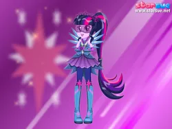 Size: 800x600 | Tagged: safe, artist:user15432, derpibooru import, sci-twi, twilight sparkle, twilight sparkle (alicorn), human, equestria girls, legend of everfree, boots, crystal guardian, crystal wings, cutie mark, glasses, high heel boots, humanized, looking at you, ponied up, ponytail, purple background, scitwilicorn, solo, sparkles, starsue, super ponied up, winged humanization, wings