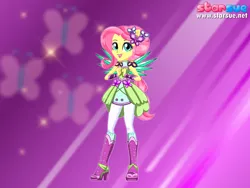 Size: 800x600 | Tagged: safe, artist:user15432, derpibooru import, fluttershy, human, equestria girls, legend of everfree, boots, crystal guardian, crystal wings, cute, cutie mark, high heel boots, humanized, looking at you, ponied up, ponytail, purple background, solo, sparkles, starsue, super ponied up, winged humanization, wings