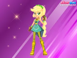 Size: 800x600 | Tagged: safe, artist:user15432, derpibooru import, applejack, human, equestria girls, legend of everfree, boots, clothes, cowboy boots, crystal guardian, freckles, looking at you, ponied up, ponytail, purple background, solo, sparkles, starsue, super ponied up
