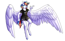 Size: 5500x3500 | Tagged: absurd resolution, anthro, anthro oc, artist:micky-ann, clothes, colored pupils, derpibooru import, female, gift art, large wings, looking at you, mare, oc, oc:retro city, pegasus, safe, shirt, shorts, simple background, smiling, solo, spread wings, transparent background, unguligrade anthro, unofficial characters only, wings