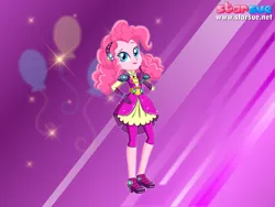 Size: 800x600 | Tagged: safe, artist:user15432, derpibooru import, pinkie pie, human, equestria girls, legend of everfree, clothes, crystal guardian, cutie mark, gloves, headband, looking at you, ponied up, purple background, shoes, solo, sparkles, starsue, super ponied up