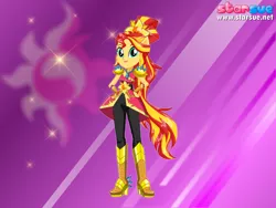 Size: 800x600 | Tagged: safe, artist:user15432, derpibooru import, sunset shimmer, human, equestria girls, legend of everfree, boots, crystal guardian, cutie mark, hand on hip, high heel boots, looking at you, ponied up, ponytail, purple background, solo, starsue, super ponied up