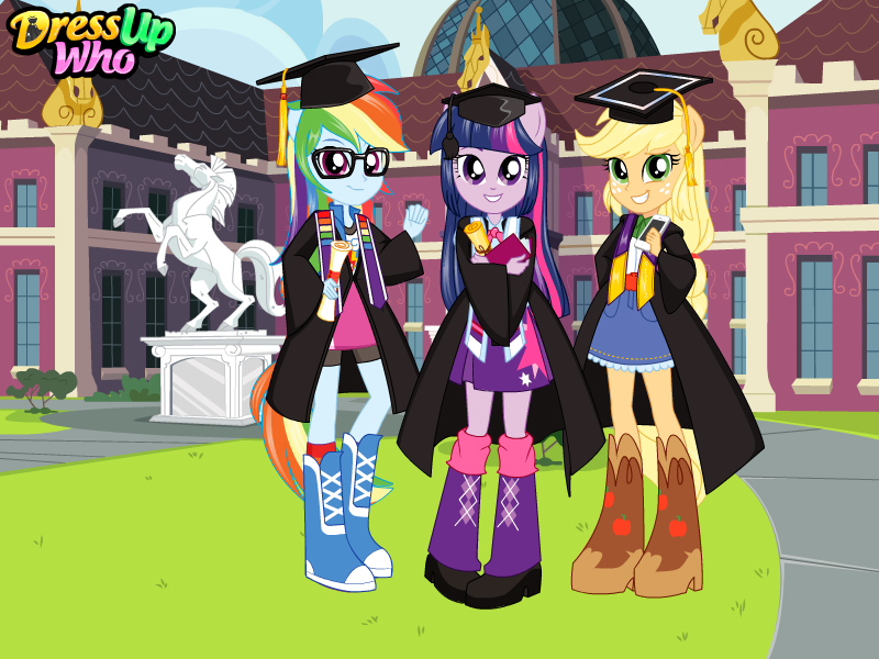 Size: 800x600 | Tagged: safe, artist:user15432, derpibooru import, applejack, rainbow dash, twilight sparkle, human, equestria girls, boots, canterlot high, clothes, dress up who, dressup, dressup game, dressup games, dressupwho, flash game, glasses, graduate, graduation, graduation cap, hat, high heel boots, high heels, looking at you, mane six, ponied up, shoes, statue