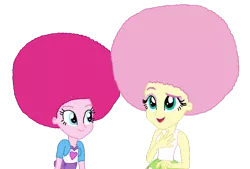 Size: 1086x736 | Tagged: safe, artist:ktd1993, derpibooru import, fluttershy, pinkie pie, equestria girls, afro, alternate hairstyle, female, flutterpie, lesbian, shipping, simple background, transparent background