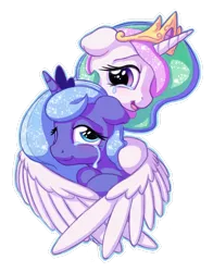 Size: 1100x1400 | Tagged: safe, artist:bobdude0, derpibooru import, princess celestia, princess luna, alicorn, pony, bust, crying, cute, cutelestia, duo, female, hug, lunabetes, mare, royal sisters, s1 luna, simple background, sisterly love, sisters, smiling, tears of joy, transparent background, winghug