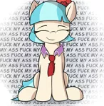 Size: 1280x1317 | Tagged: suggestive, artist:neighday, derpibooru import, coco pommel, earth pony, pony, coco is an anal slut, dialogue, dirty thoughts, eyes closed, female, implied anal, mare, sitting, smiling, solo, solo female, text, vulgar